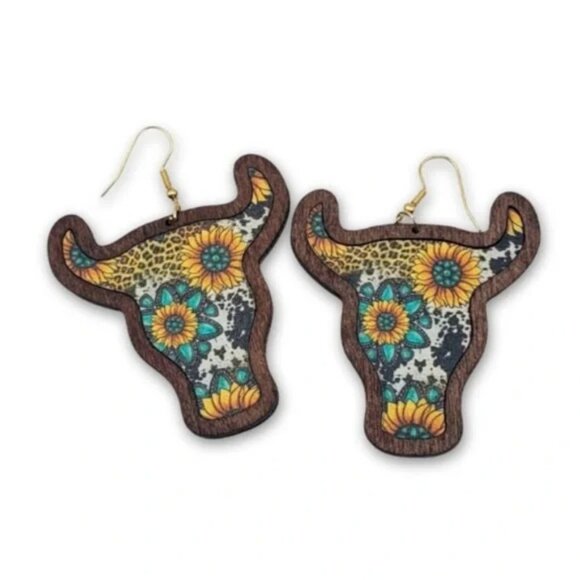 Sunflower Bull Wood Earrings Western Earrings Cowgirl Earrings Bull Head Cow - Picture 4 of 5